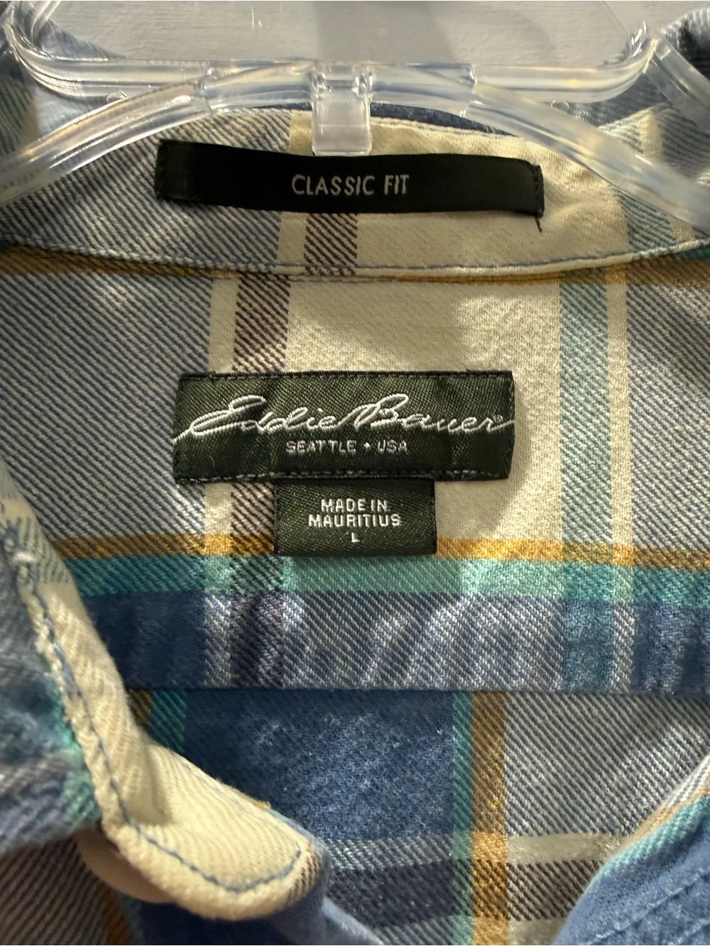 Eddie Bauer Blue and Cream Plaid Button-Down Shirt